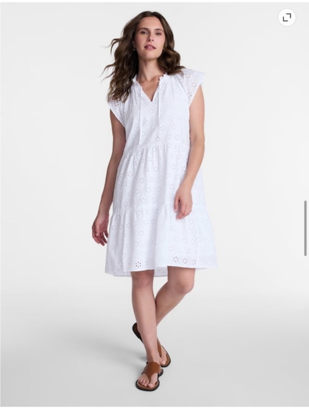 TIME AND TRU PURE WHITE tiered eyelet summer mini dress XS lined! Flutter sleeve